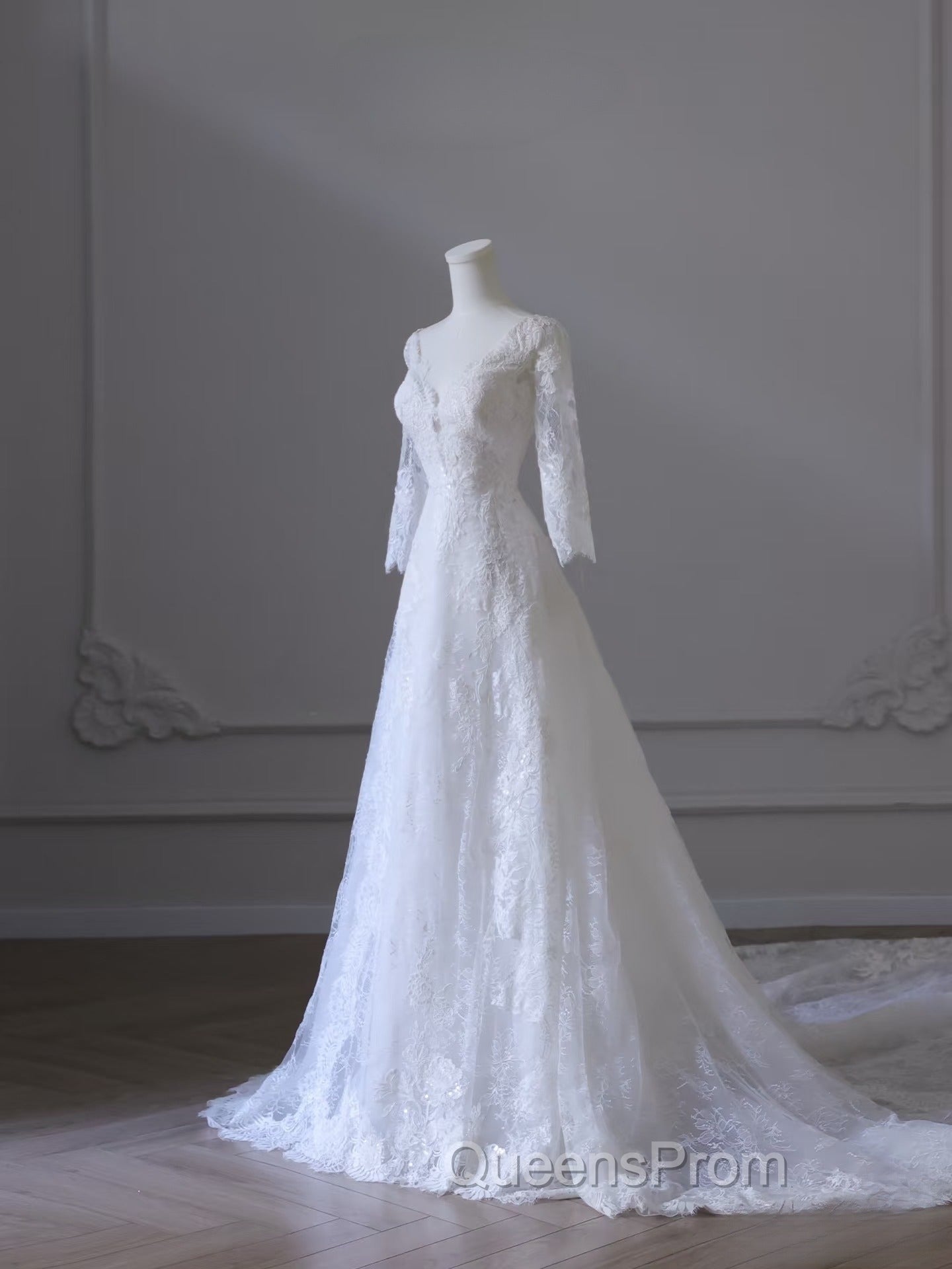 Timeless A Line V Neckline Tulle White Lace Long Wedding Dress Bridal Dress