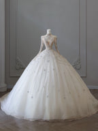 Timeless Ball Gown High Neckline Tulle Long Sleeves Wedding Dress Bridal Dress