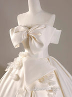 Timeless Ball Gown Off The Shoulder Short Sleeves Satin White Wedding Dress Brides Dress