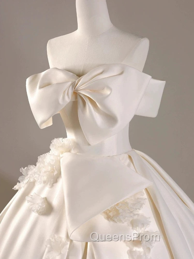 Timeless Ball Gown Off The Shoulder Short Sleeves Satin White Wedding Dress Brides Dress
