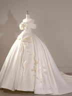 Timeless Ball Gown Off The Shoulder Short Sleeves Satin White Wedding Dress Brides Dress