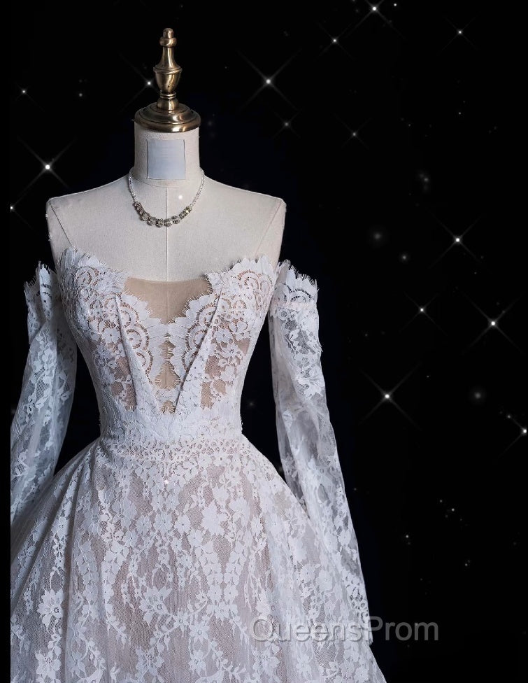 Timeless Ball Gown Off The Shoulder White Lace Long Wedding Dress Bridal Dress