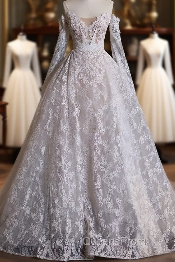 Timeless Ball Gown Off The Shoulder White Lace Long Wedding Dress Bridal Dress