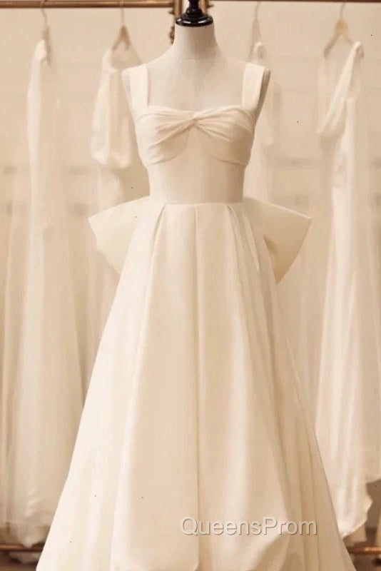 Timeless High Low Square Neckline Long White Satin Wedding Dress