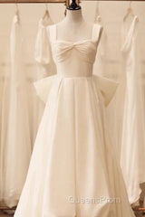 Timeless High Low Square Neckline Long White Satin Wedding Dress