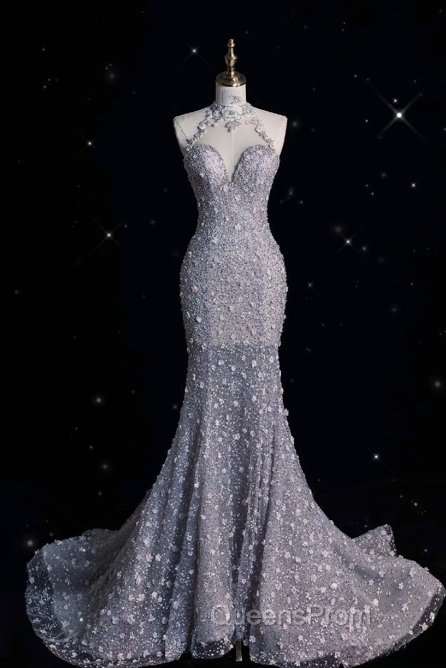Timeless Mermaid High Neckline Sequin Ruffles Long Wedding Dress Bridal Dress