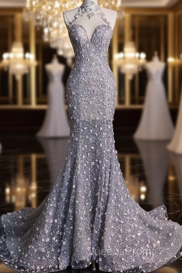 Timeless Mermaid High Neckline Sequin Ruffles Long Wedding Dress Bridal Dress Main image