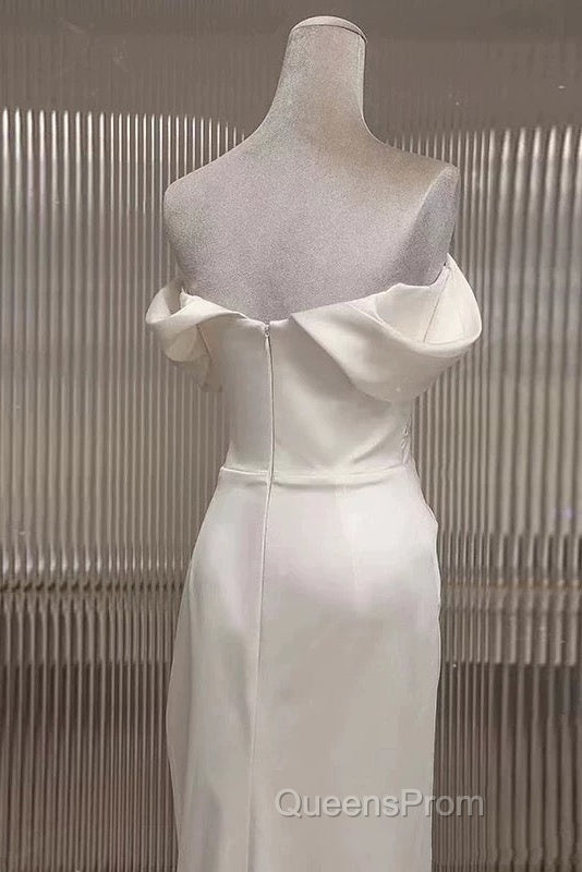 Timeless Mermaid Off The Shoulder Short Sleeves White Satin Wedding Dress