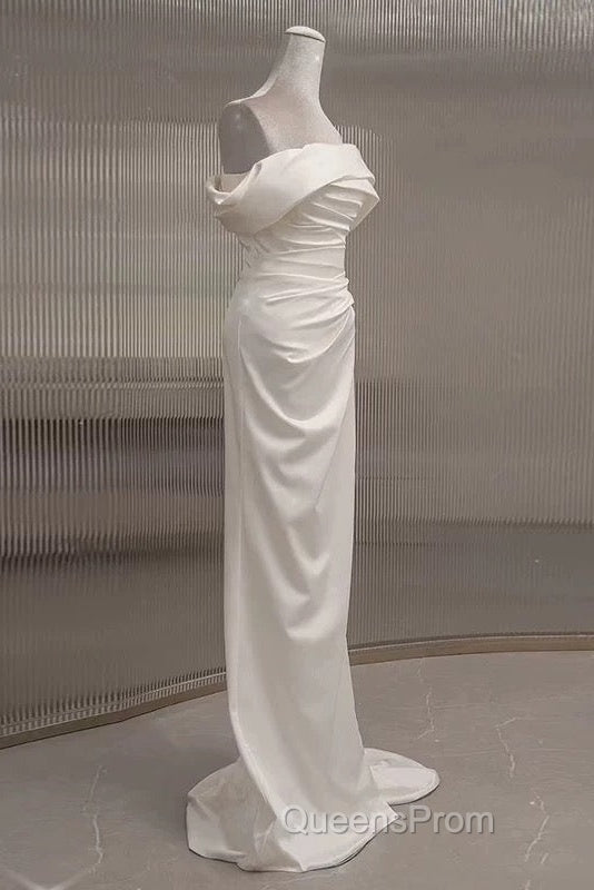 Timeless Mermaid Off The Shoulder Short Sleeves White Satin Wedding Dress