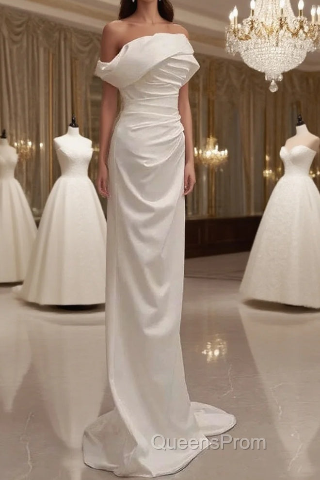 Timeless Mermaid Off The Shoulder Short Sleeves White Satin Wedding Dress