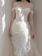 Timeless Mermaid Off The Shoulder White Tulle Long Wedding Dress Bridal Dress