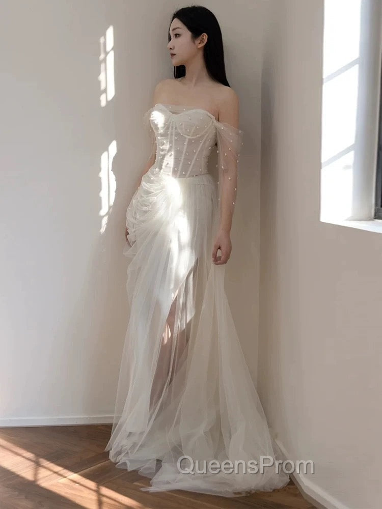 Timeless Mermaid Off The Shoulder White Tulle Long Wedding Dress Bridal Dress