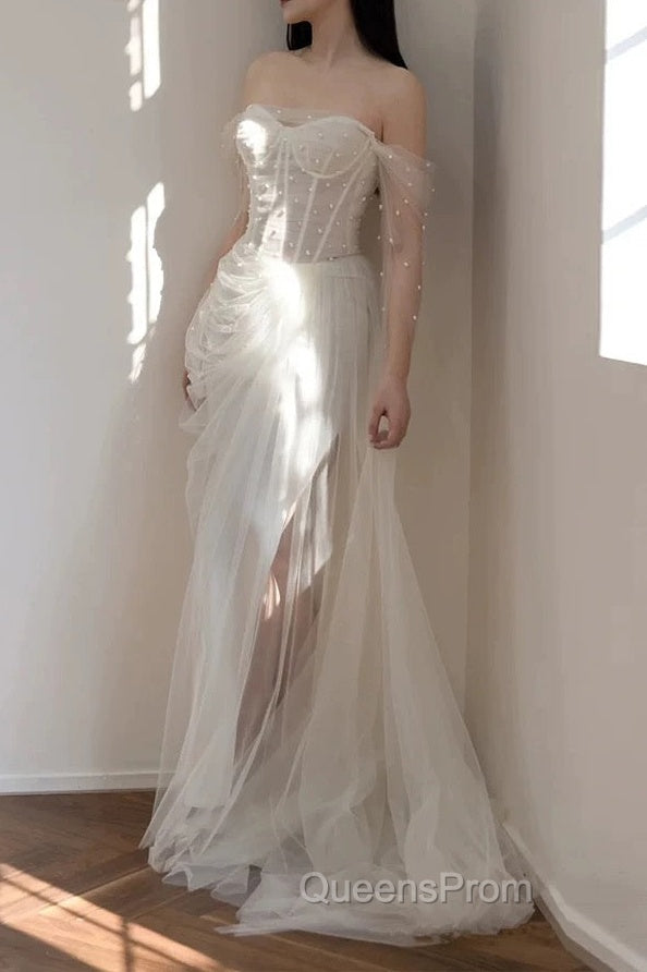 Timeless Mermaid Off The Shoulder White Tulle Long Wedding Dress Bridal Dress Main image