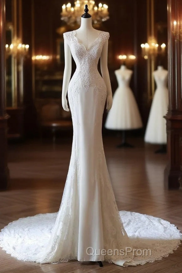 Timeless Mermaid V Neckline White Lace Wedding Dress Bridal Dress Main image