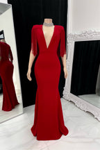 Timeless Red V-Neck Short Sleeves Satin Prom Dresses Mermaid Tassel With Zipper