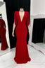 Timeless Red V-Neck Short Sleeves Satin Prom Dresses Mermaid Tassel With Zipper