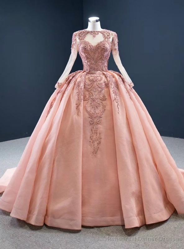 To Fit Your Style Pink Ball Gown Organza Beading Long Sleeve Prom Dress Main image