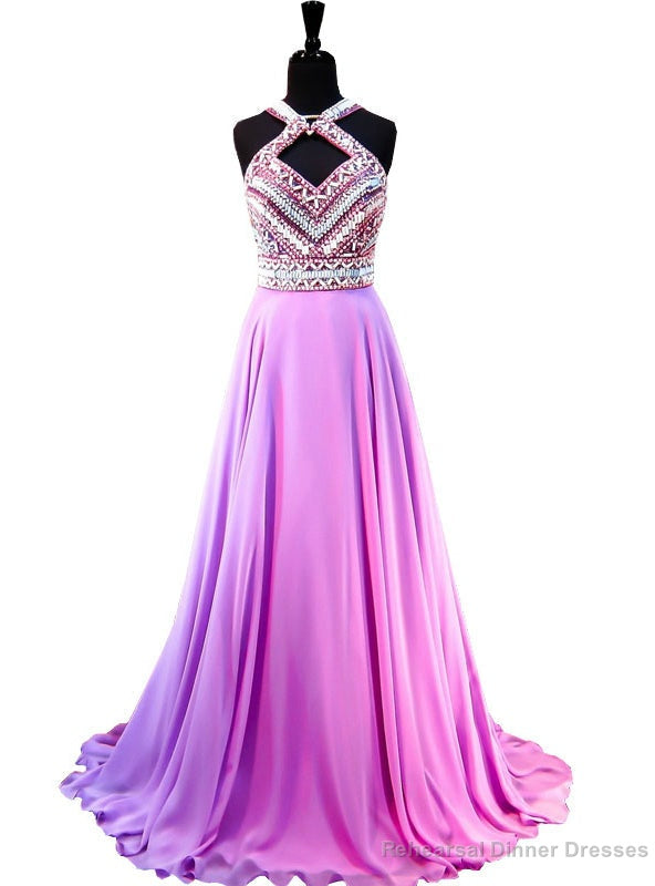 Top Beaded Crystal Light Purple Chiffon Backless Prom Dress Main image