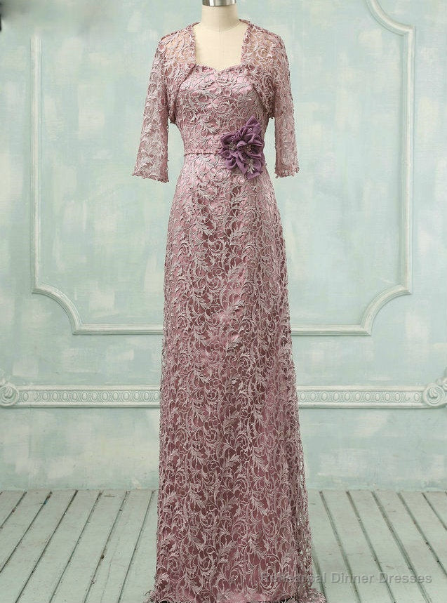 Trendy Floor Length Pink Lace Mother of the Bride Dresses Flowers Pearls Main image