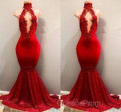 Trendy Mermaid Red Lace High Neck Evening Prom Party Gowns| Red Evening Prom Party Gowns