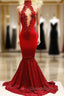 Trendy Mermaid Red Lace High Neck Evening Prom Party Gowns| Red Evening Prom Party Gowns