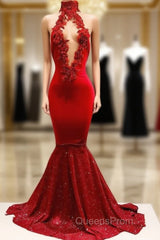 Trendy Mermaid Red Lace High Neck Evening Prom Party Gowns| Red Evening Prom Party Gowns