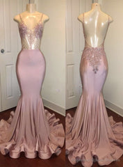 Trendy Pink Beads Spaghetti Strap Prom Party Gowns| Mermaid Prom Party Gowns