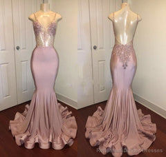 Trendy Pink Beads Spaghetti Strap Prom Party Gowns| Mermaid Prom Party Gowns