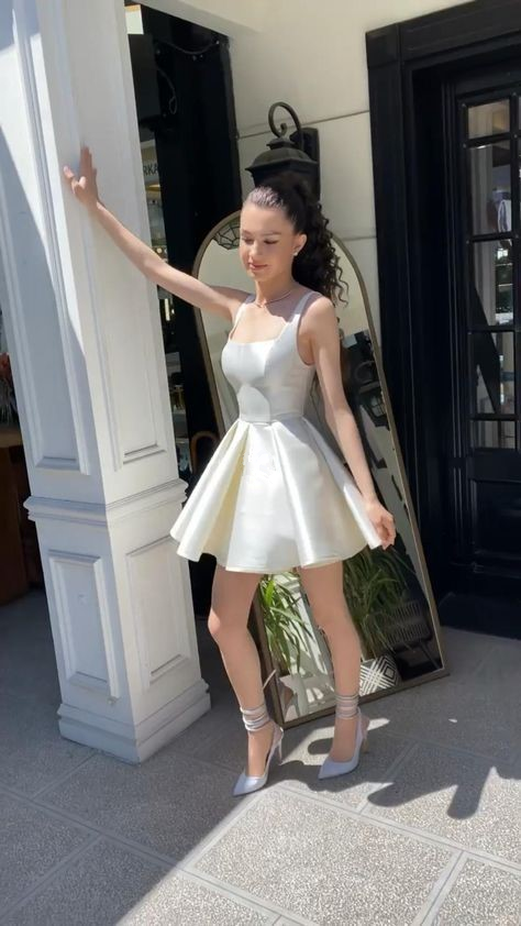 Simple Sequare Neck White Short Classy Prom Dress,Elegant Homecoming Dress Main image