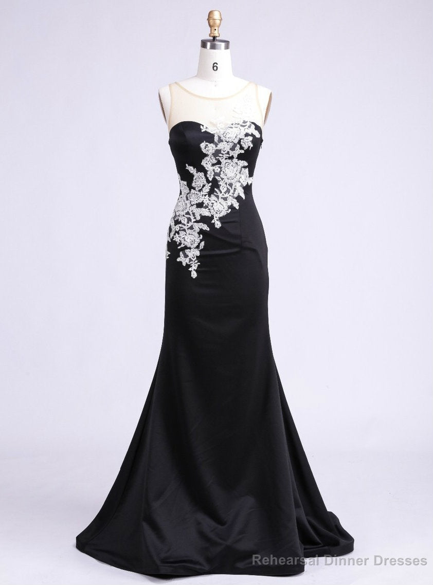 Trendy Scoop Floor Length See Through Back Appliques Party Polyester Formal Black Main image