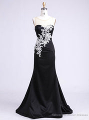 Trendy Scoop Floor Length See Through Back Appliques Party Polyester Formal Black