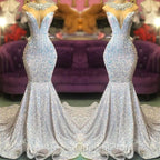 Trumpet Mermaid Beading Sequin White Evening Prom Dress