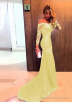 Trumpet/Mermaid Full/Long Sleeve Bateau Chapel Train Lace Prom Dresses With Appliqued
