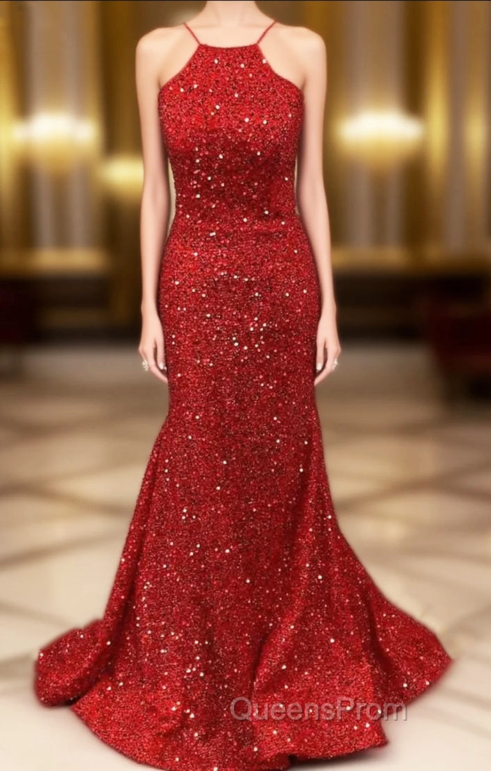 Trumpet/Mermaid Halter Sleeveless Sweep Train Velvet Sequins Evening Prom Dress Main image