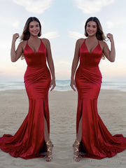 Trumpet/Mermaid Halter Sweep Train Silk like Satin Prom Dresses With Leg Slit
