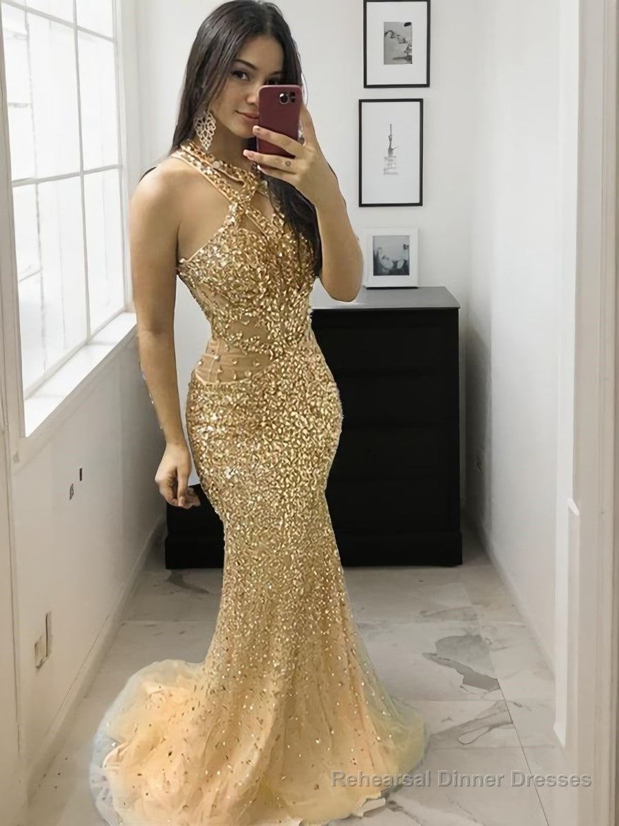 Trumpet/Mermaid Halter Sweep Train Tulle Prom Dresses With Beading Main image
