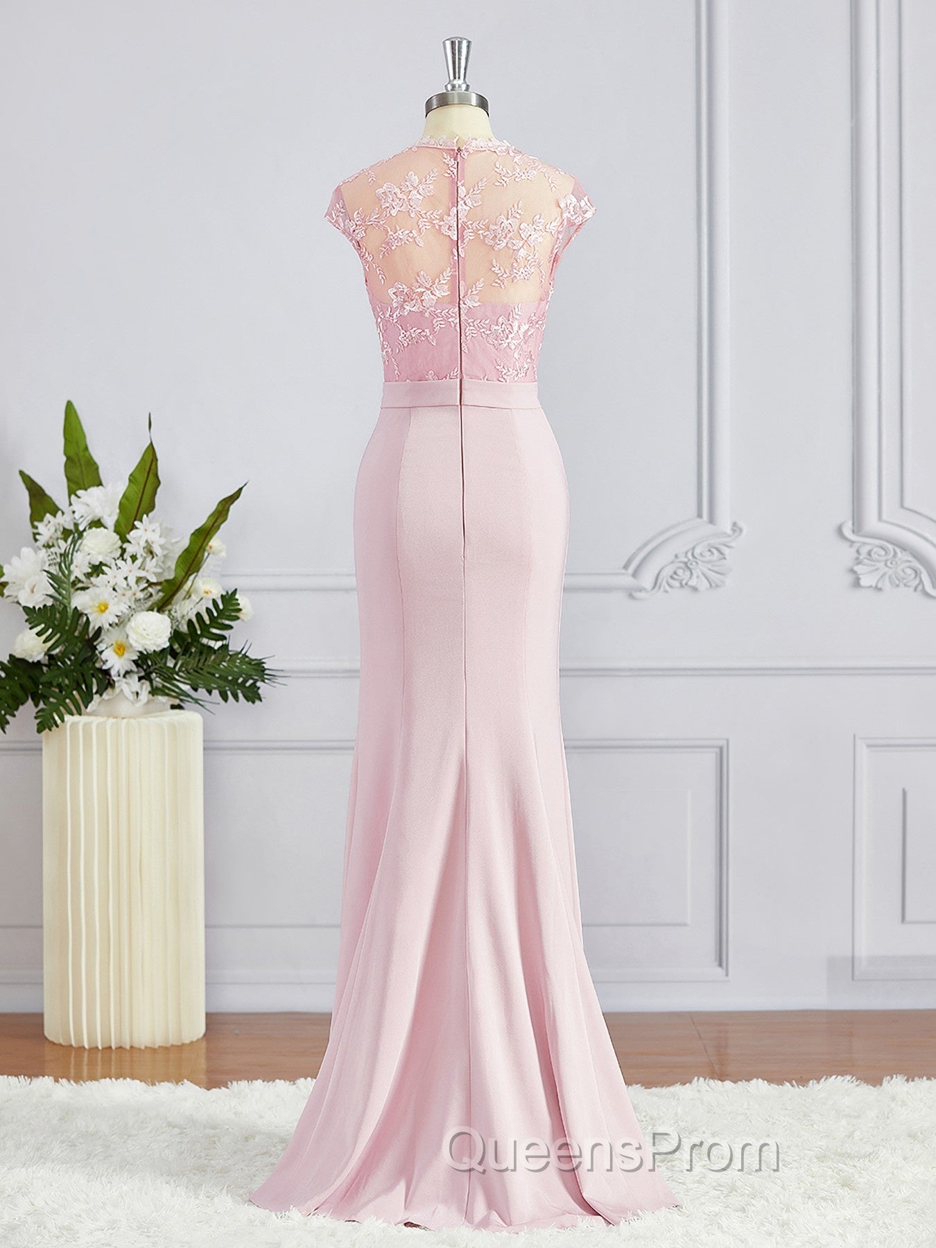 Trumpet/Mermaid High Neck Floor-Length Stretch Crepe Bridesmaid Dress with Appliques Lace