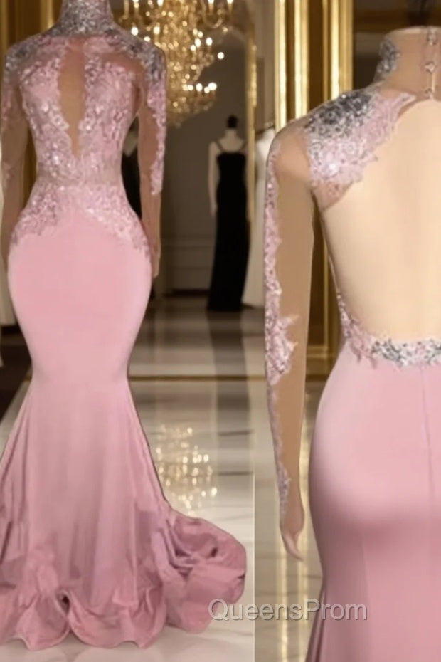 Trumpet/Mermaid High Neck Sweep Train Jersey Evening Dress With Appliques Lace Main image