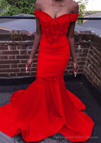 Trumpet/Mermaid Off-the-Shoulder Court Train Satin Prom Dresses With Beading Flowers