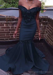 Trumpet/Mermaid Off-the-Shoulder Court Train Satin Prom Dresses With Beading Flowers