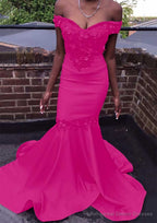 Trumpet/Mermaid Off-the-Shoulder Court Train Satin Prom Dresses With Beading Flowers