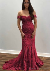 Trumpet/Mermaid Off-the-Shoulder Court Train Tulle Prom Dresses With Lace Appliqued