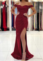 Trumpet/Mermaid Off-the-Shoulder Short Sleeve Long/Floor-Length Satin Prom Dresses With Pleated Split