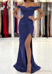 Trumpet/Mermaid Off-the-Shoulder Short Sleeve Long/Floor-Length Satin Prom Dresses With Pleated Split