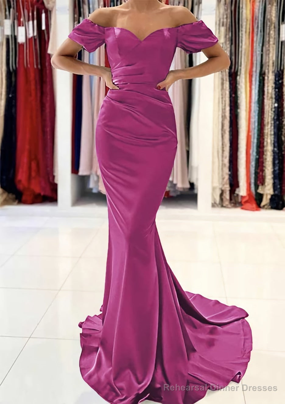 Trumpet/Mermaid Off-the-Shoulder Short Sleeve Satin Sweep Train Prom Dresses With Pleated