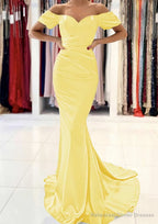 Trumpet/Mermaid Off-the-Shoulder Short Sleeve Satin Sweep Train Prom Dresses With Pleated