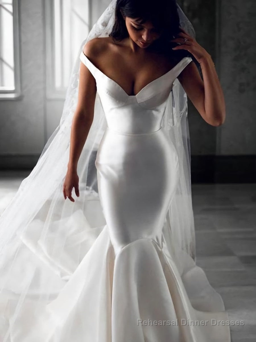 Trumpet/Mermaid Off-the-Shoulder Sweep Train Satin Wedding Dresses Main image