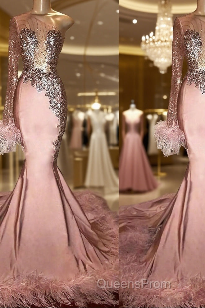 Trumpet/Mermaid One-Shoulder Chapel Train Elastic Woven Satin Evening Dress With Feather Main image