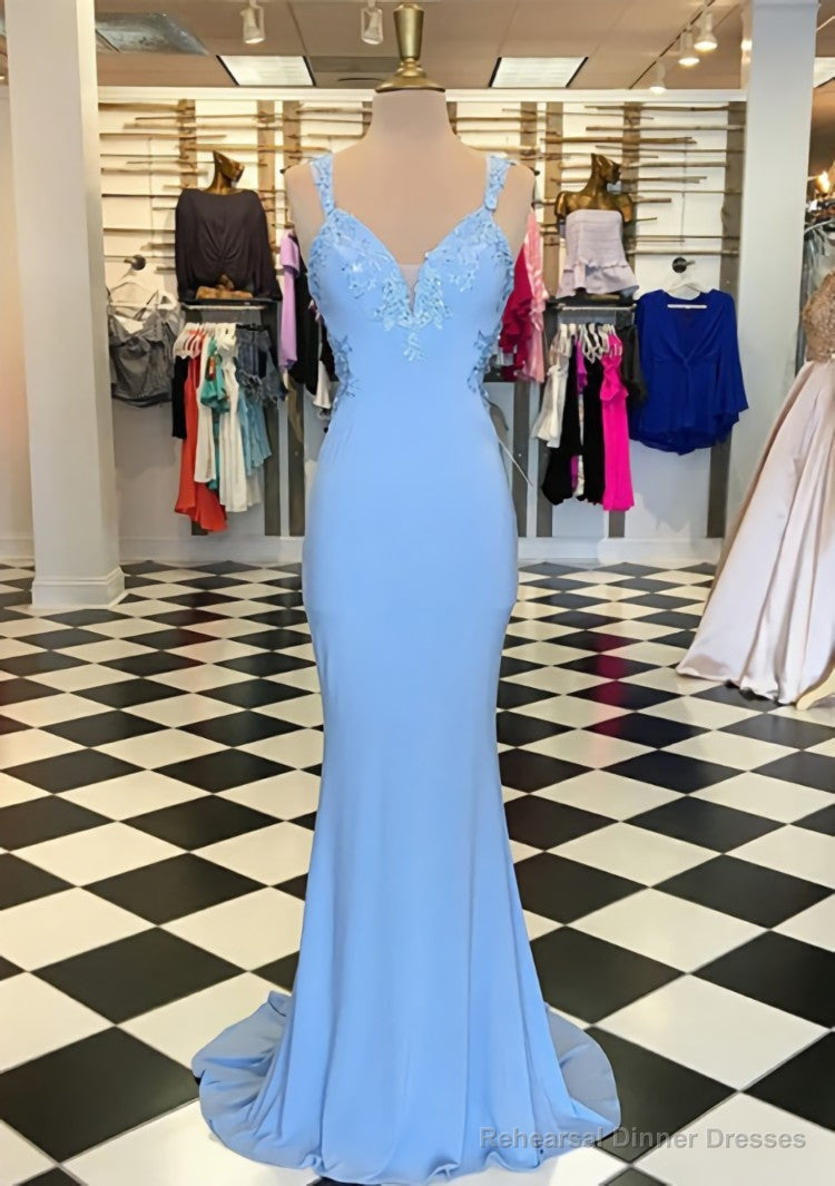 Trumpet/Mermaid Scalloped Neck Sleeveless Sweep Train Elastic Satin Prom Dresses With Appliqued Main image