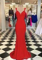 Trumpet/Mermaid Scalloped Neck Sleeveless Sweep Train Elastic Satin Prom Dresses With Appliqued